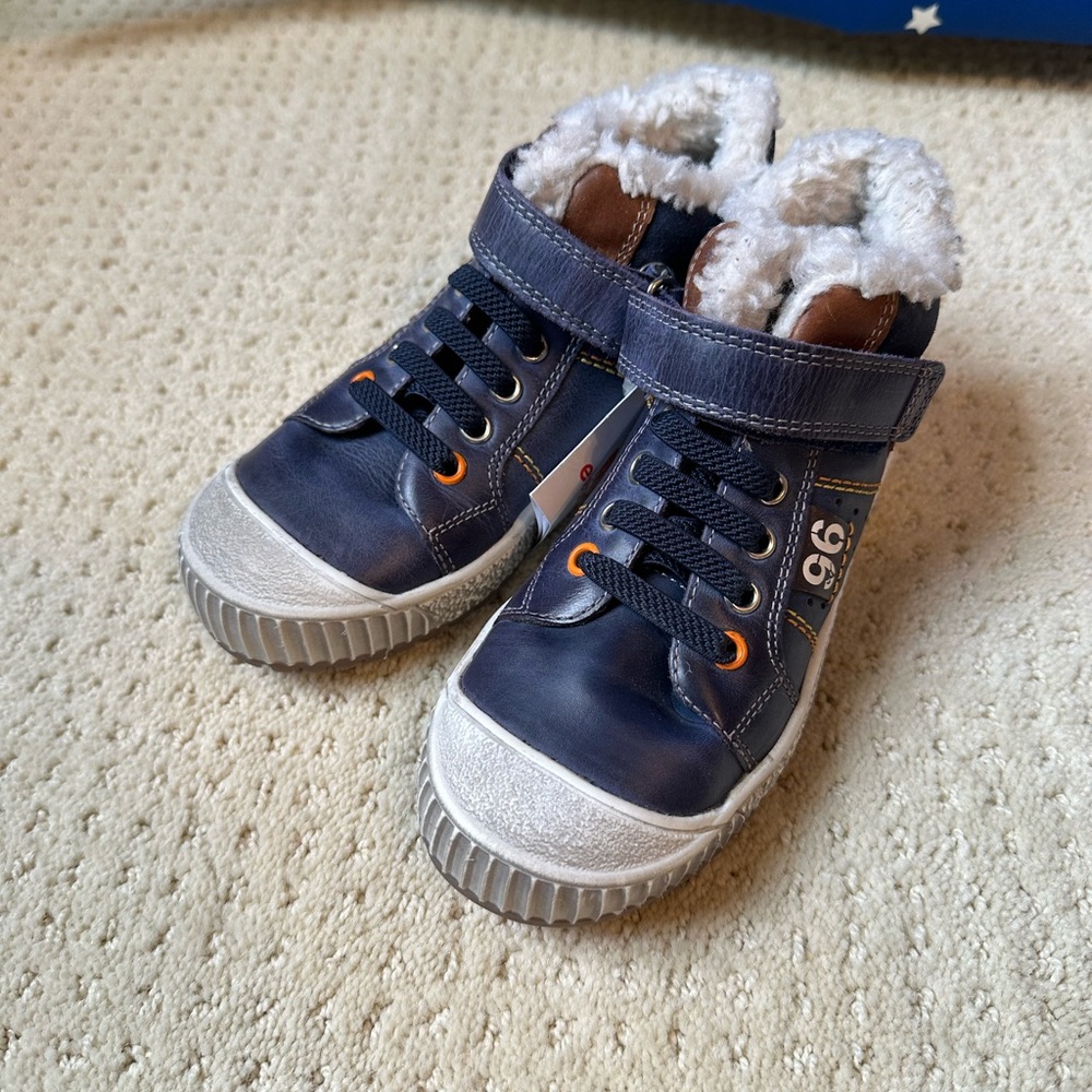 Elefanten Toddler Boys Navy Blue Leather High-Top Shoes with Faux Fur Lining